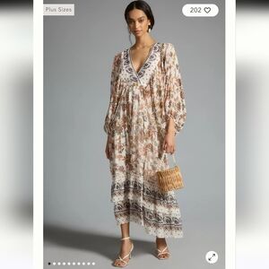 Anthropologie V Neck Long Sleeve Floral‎ Maxi Dress